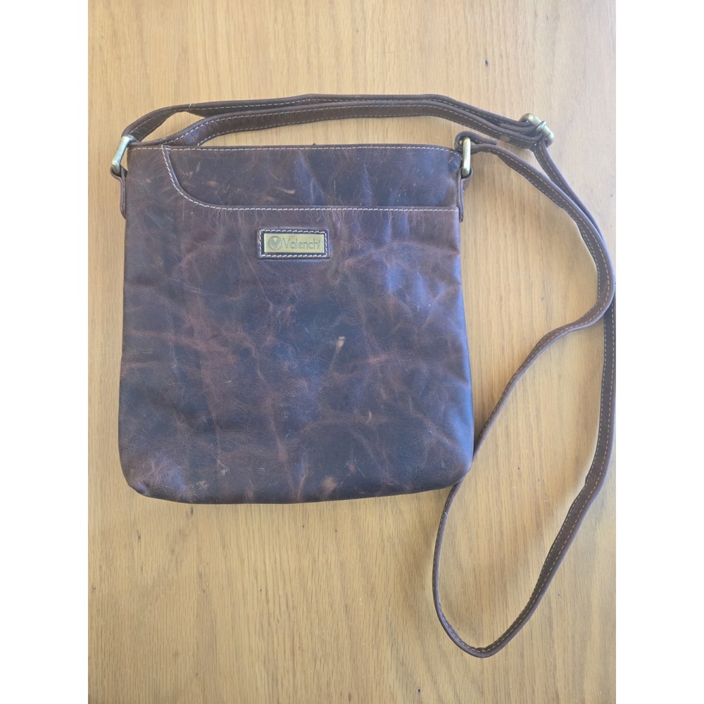 Valenchi Distressed Brown Leather Purse Adjustable Strap Crossbody EUC Clean